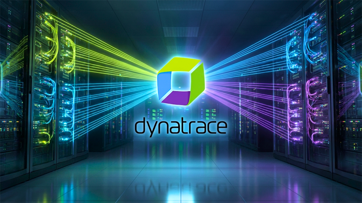 Dynatrace logo in a data center with glowing network lines, highlighting AI observability and software stock growth.