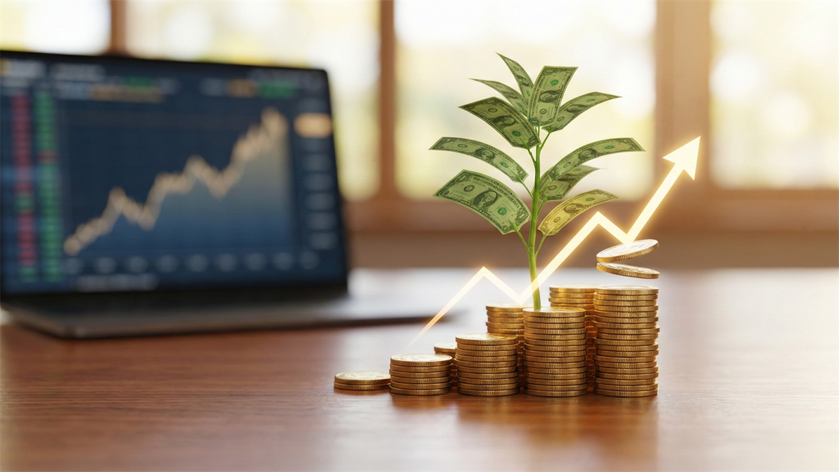 Stacks of gold coins with a dollar-bill plant growing upward, overlaid by a rising arrow and stock chart in the background.