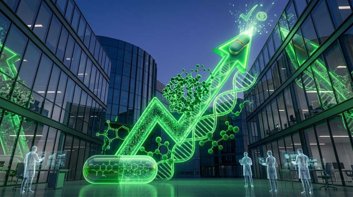 Illustration showing a glowing green upward arrow alongside DNA strands, a pill capsule, and molecular structures outside a modern office building.