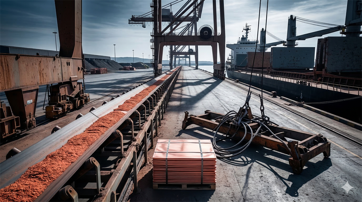 Conveyor moves copper concentrate at port near bulk carrier and cathodes, highlighting global supply constraints and deficits.