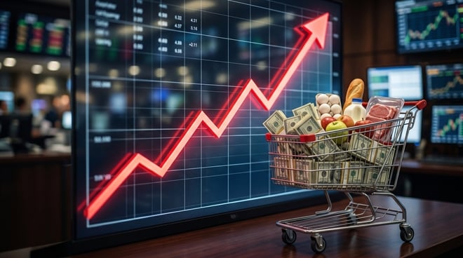 A miniature shopping cart filled with groceries and cash sits in front of a rising red price chart, illustrating the effect of inflation on purchasing power.