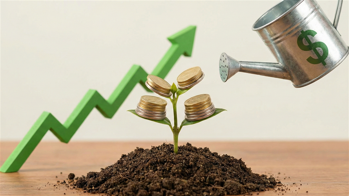 A watering can pours gold coins onto a growing plant, symbolizing financial growth and dividend increases.