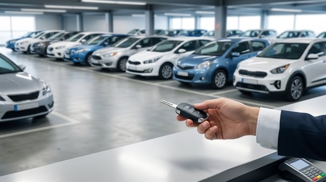 A hand holds a car key fob over a counter in front of a row of parked vehicles.