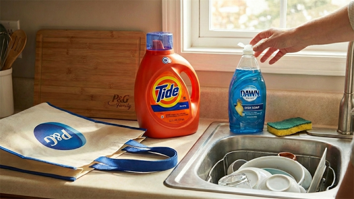 Tide detergent and Dawn dish soap on kitchen counter, highlighting Procter & Gamble consumer staples stock.