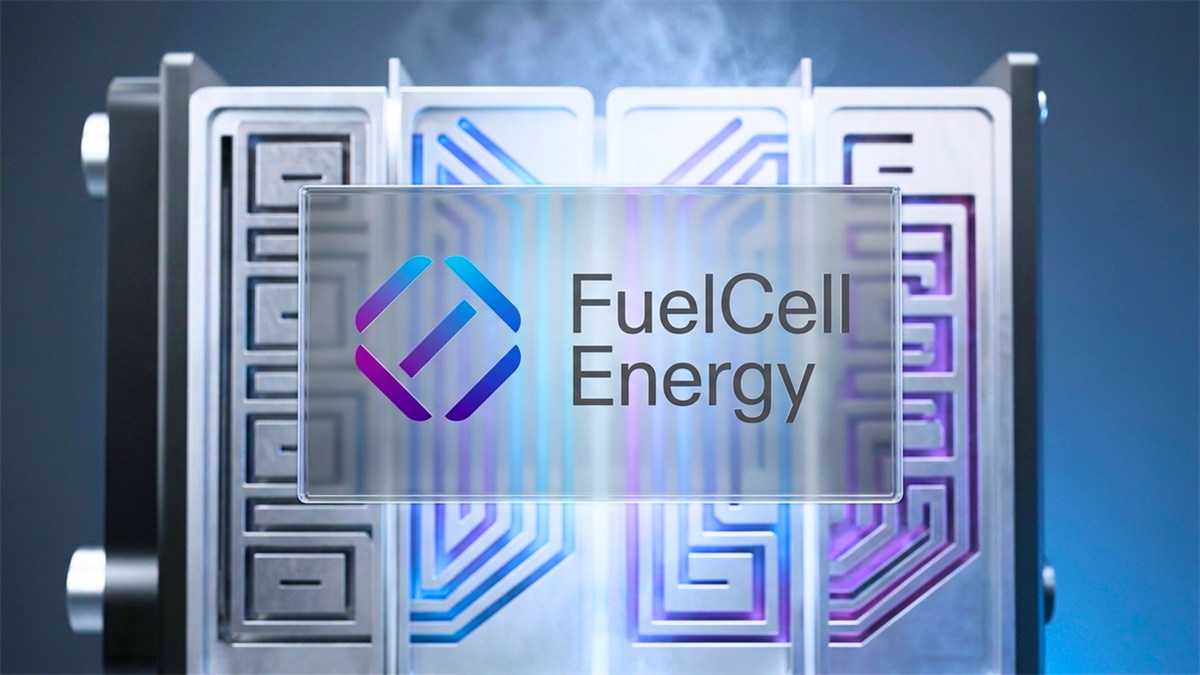 FuelCell Energy logo on glass panel over fuel cell stack.