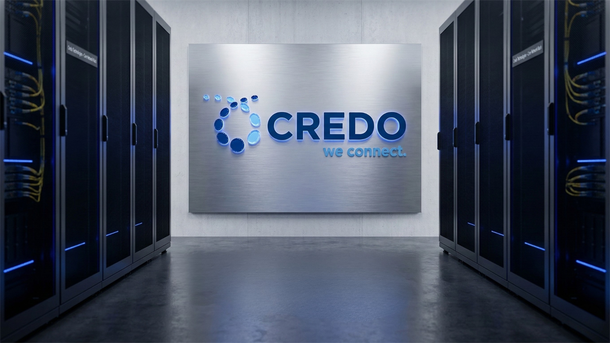 Credo Technologies logo displayed inside a modern AI data center with server racks, highlighting AI infrastructure growth.