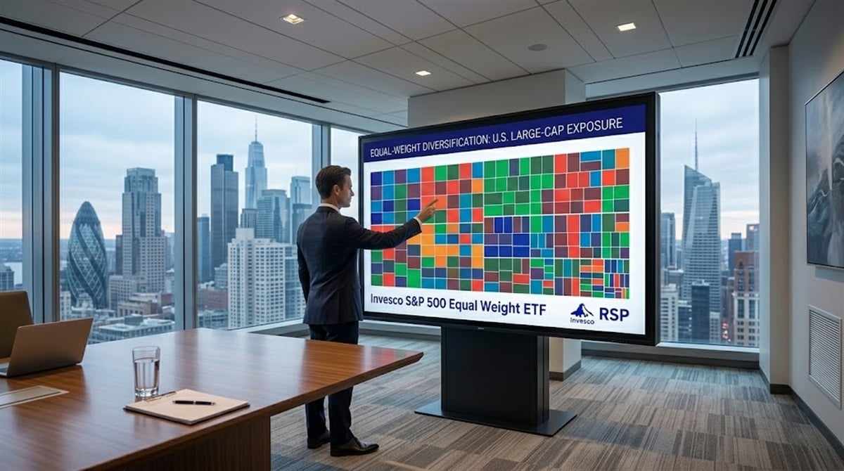 A person in a conference room points to a treemap chart for the Invesco S&P 500 Equal Weight ETF, ticker RSP.