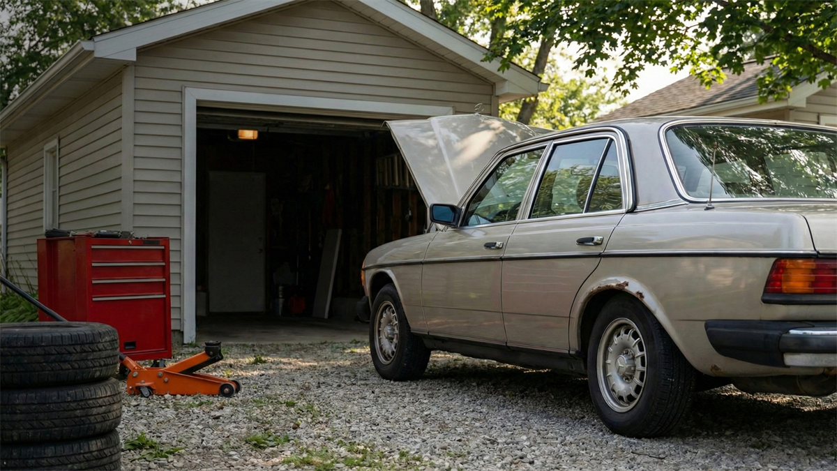 Older sedan with hood open in a driveway beside a garage, tools and spare tires nearby, illustrating aging vehicles and repair demand