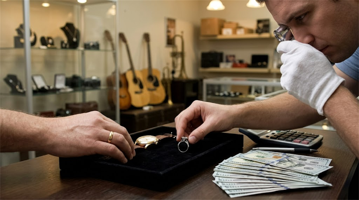 A pawnshop appraiser wearing white gloves examines jewelry on a velvet tray beside stacked US currency.