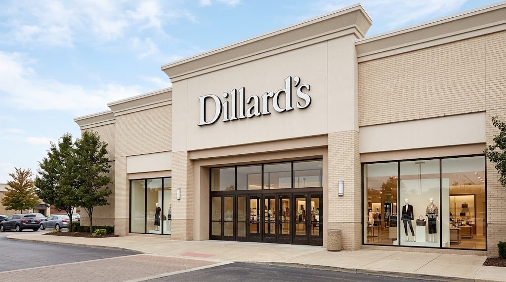 Exterior view of a Dillard's retail department store location with storefront signage and display windows.