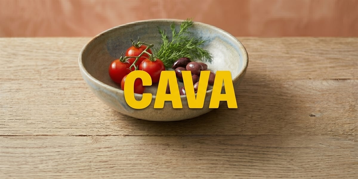 CAVA Group logo overlaid on a ceramic bowl containing cherry tomatoes, olives, and fresh herbs.