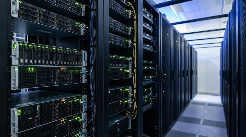 Rows of rack-mounted servers with green indicator lights fill a data center aisle.