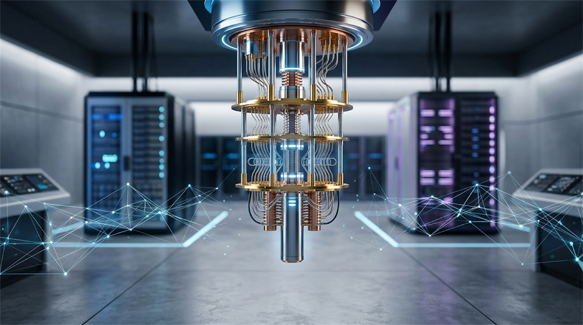 A rendered quantum computer processor suspended in a data center environment with glowing network graphics.