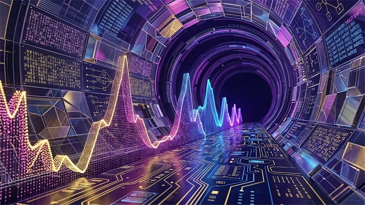 A stylized digital tunnel lined with glowing stock charts, circuit patterns, and scrolling financial data.