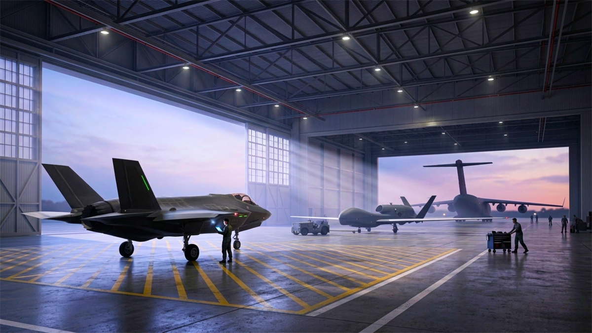 Military aircraft and drone in hangar at dusk.
