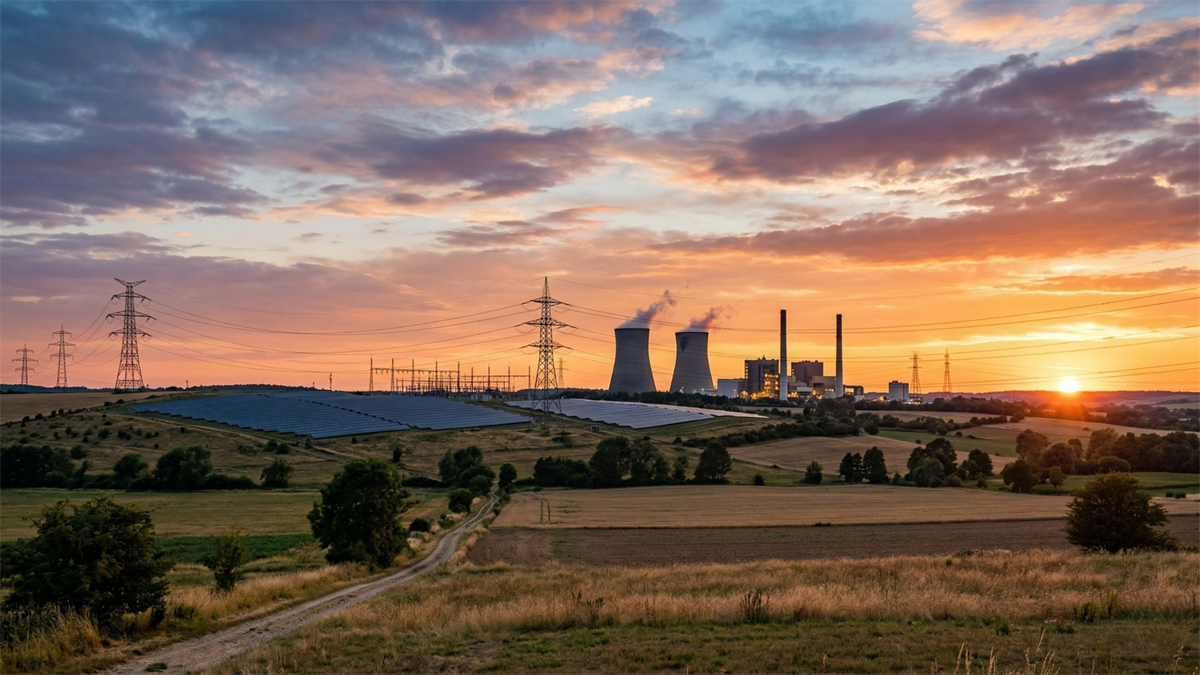 Power plant with transmission lines and solar panels at sunset, representing stable utility sector investment amid market uncertainty.