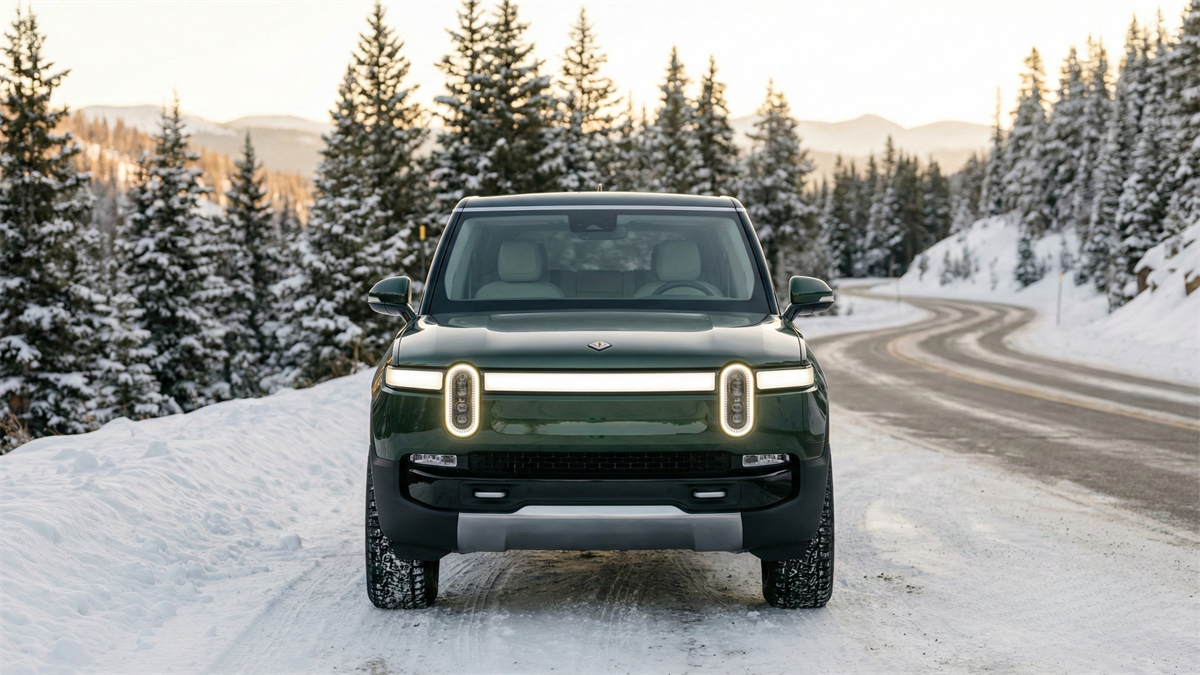 Rivian electric SUV facing forward on a snowy mountain road, surrounded by winter pine trees.