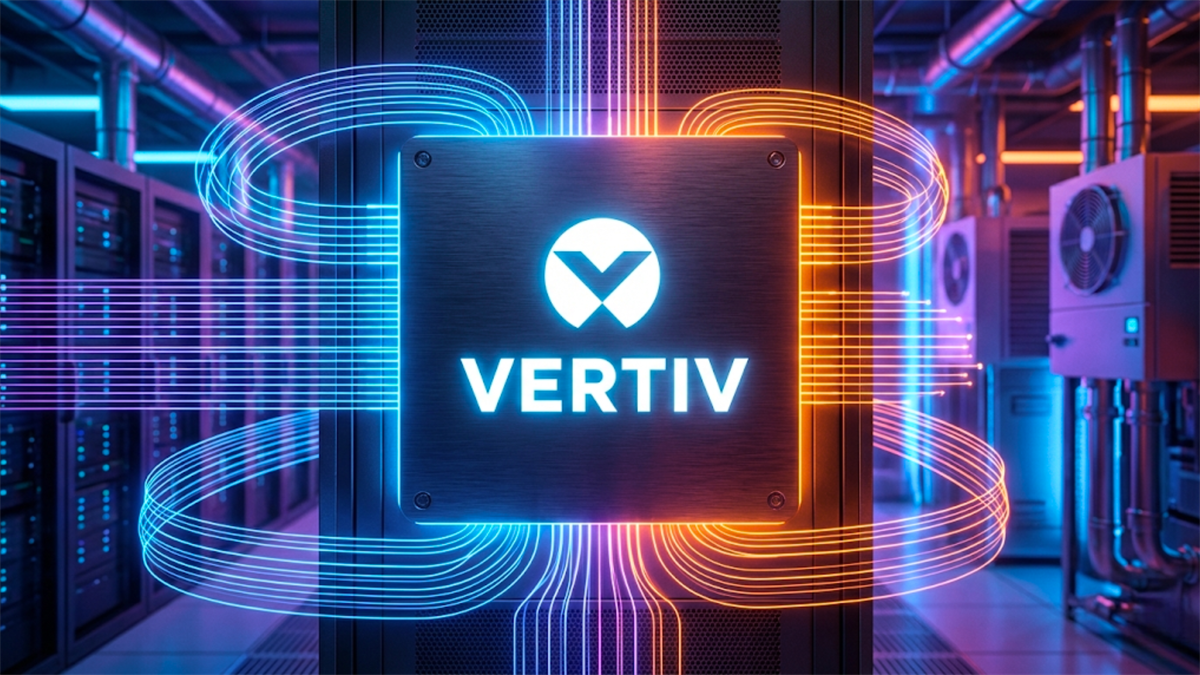 Vertiv logo in a data center with flowing network lines, highlighting AI infrastructure demand and data center stocks.