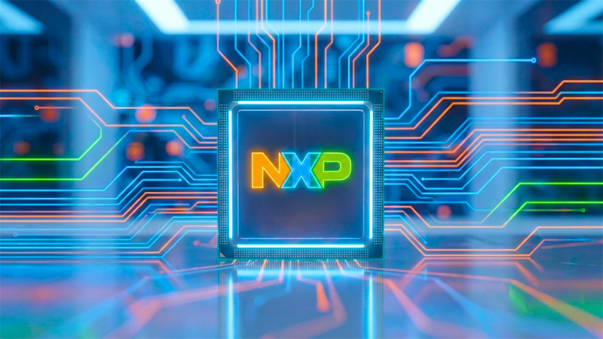 NXP logo on glowing microchip with circuit traces, highlighting semiconductor demand and NXPI stock focus.