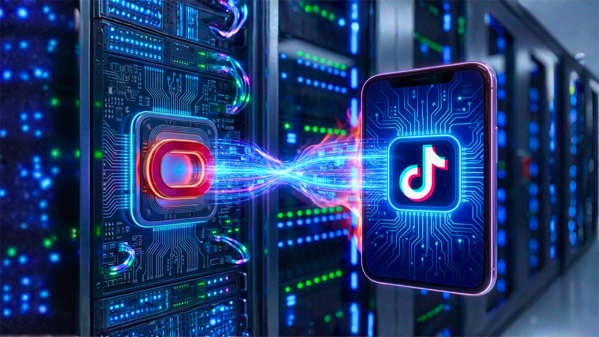 Oracle data center servers connect to TikTok app on smartphone, spotlighting cloud hosting and AI data demand.