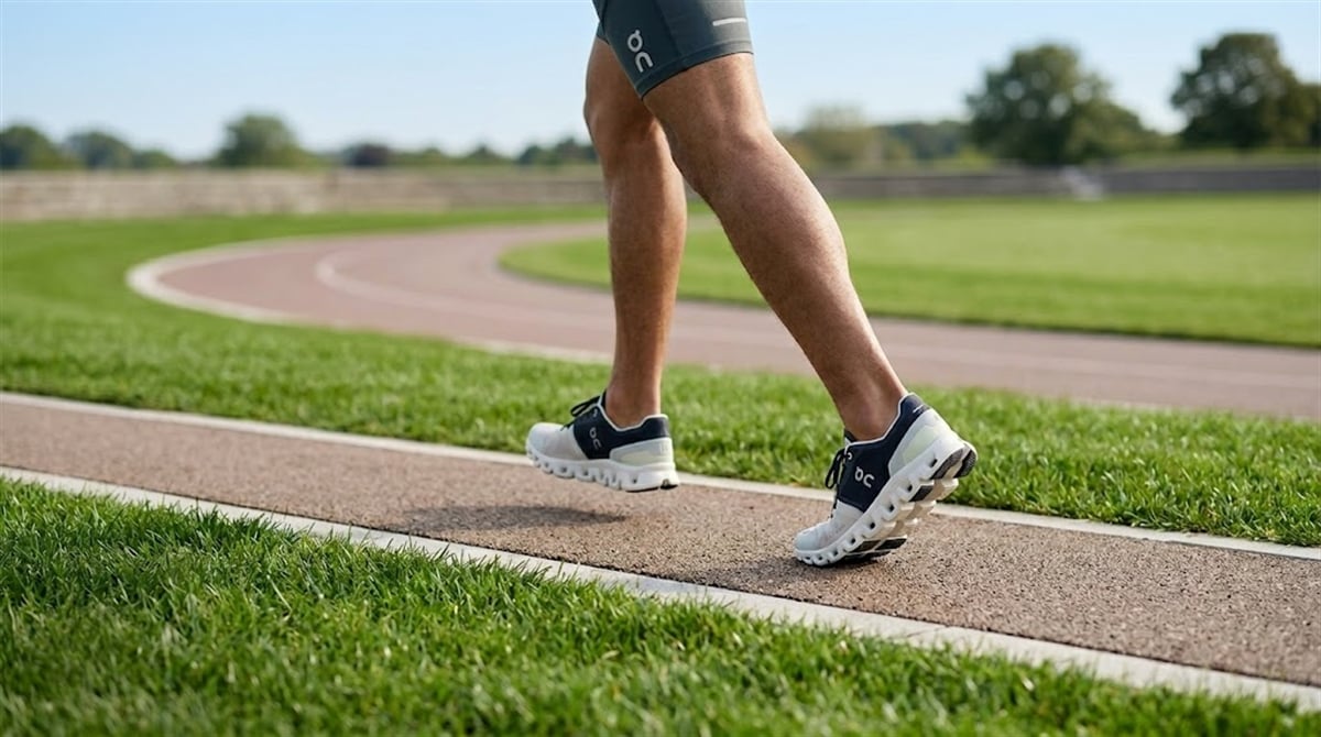 A runner wearing On Running shoes and branded shorts strides along an outdoor athletic track.