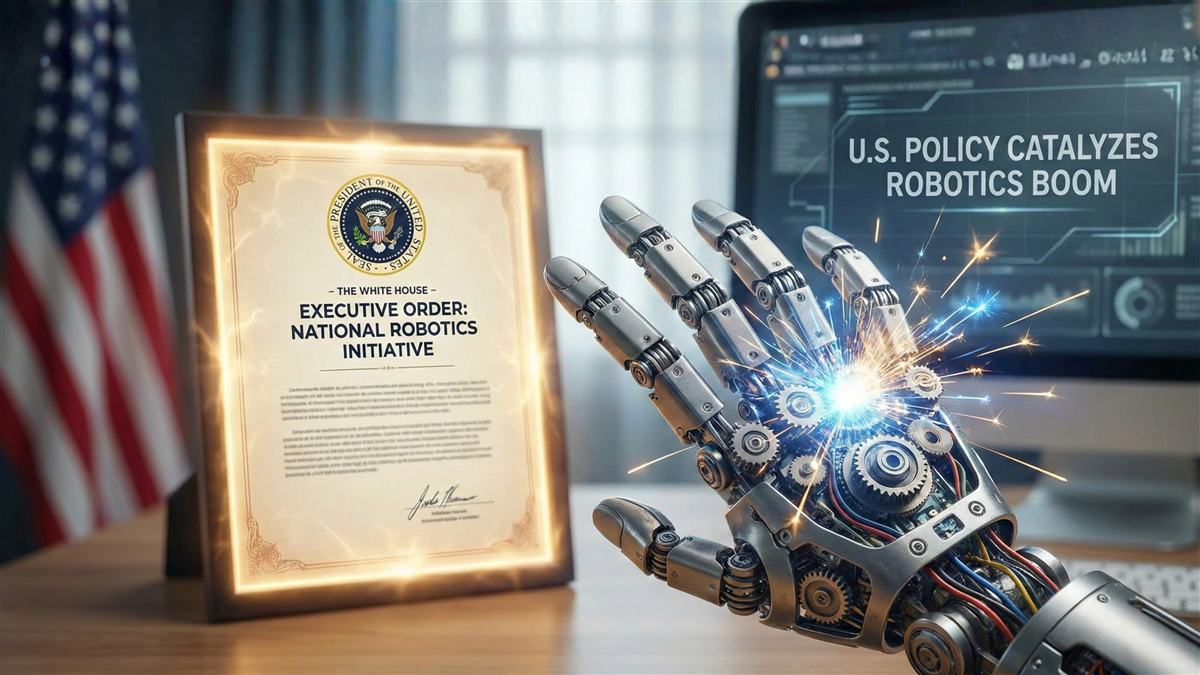 Glowing executive-order document beside a sparking robotic hand highlights U.S. policy accelerating a robotics boom.