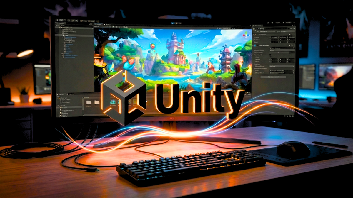 Unity Software game engine interface on monitor, highlighting Unity Software stock and 3D/AI development tools.
