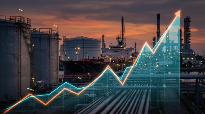 A sharply rising, translucent stock chart overlaid on an oil refinery.