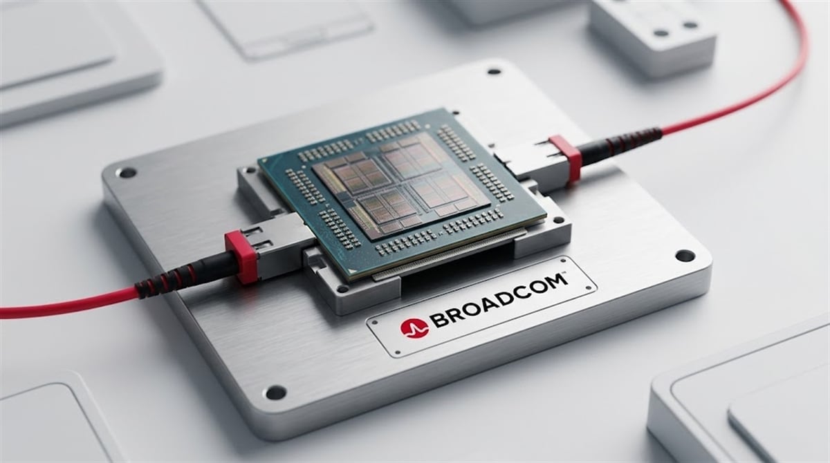 A Broadcom-branded hardware module with an exposed semiconductor chip and red fiber optic cables.