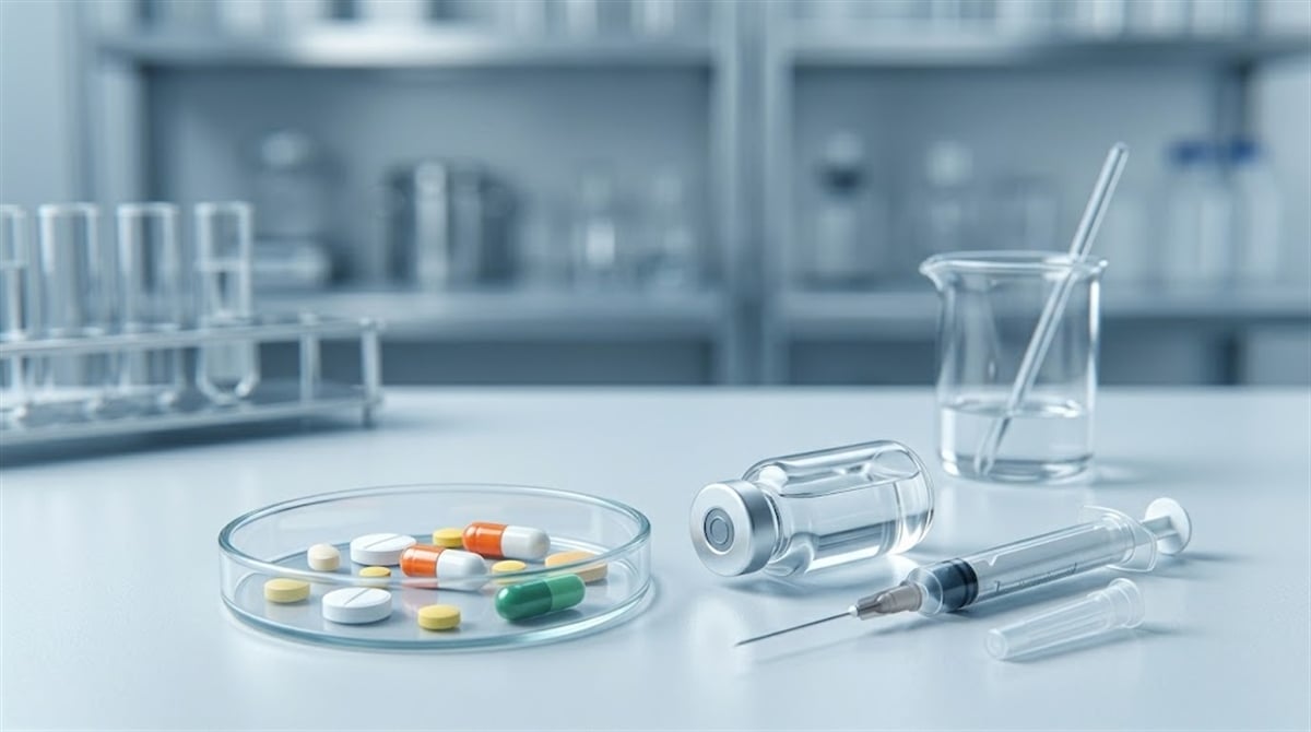 Assorted pharmaceutical pills, a medicine vial, and a syringe arranged on a laboratory bench.