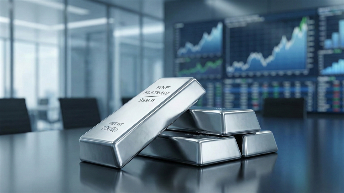 Ingots of platinum rest in front of several stock charts, displaying the strong potential of the metal's price to appreciate.