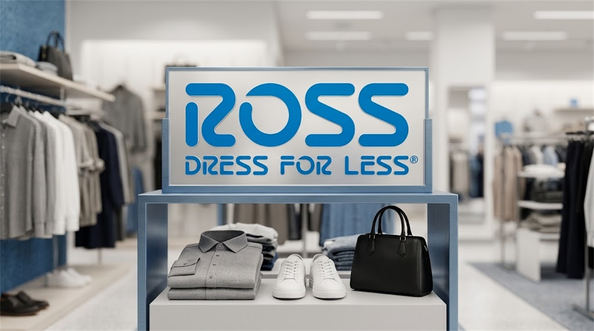 Ross Dress for Less branded display inside a retail store showing folded clothing, sneakers, and a handbag.