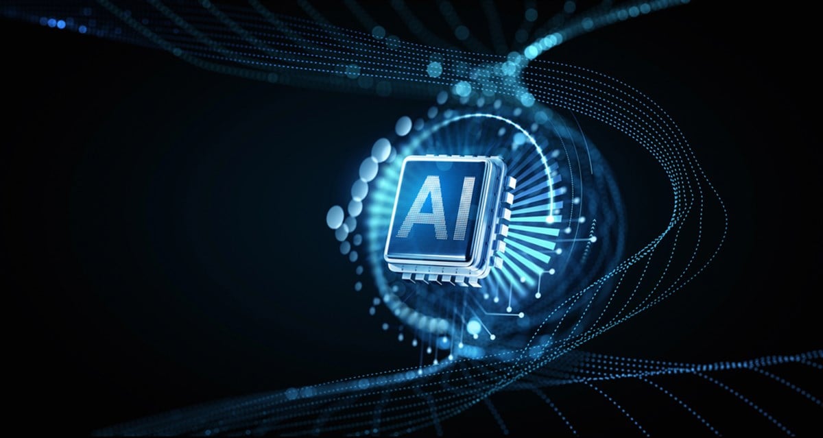 Digital 3D rendering of an AI chip surrounded by glowing blue data streams, displayed on a dark background, symbolizing technology and innovation — Photo