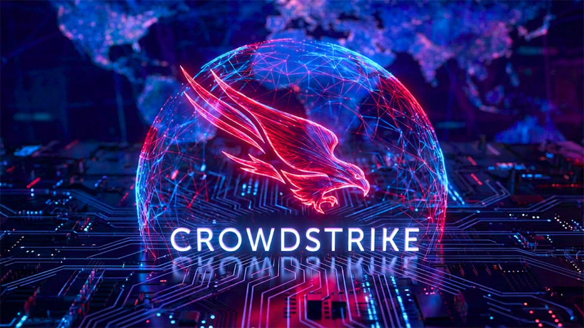 CrowdStrike logo over a digital globe and circuitry symbolizes cloud-based cybersecurity.