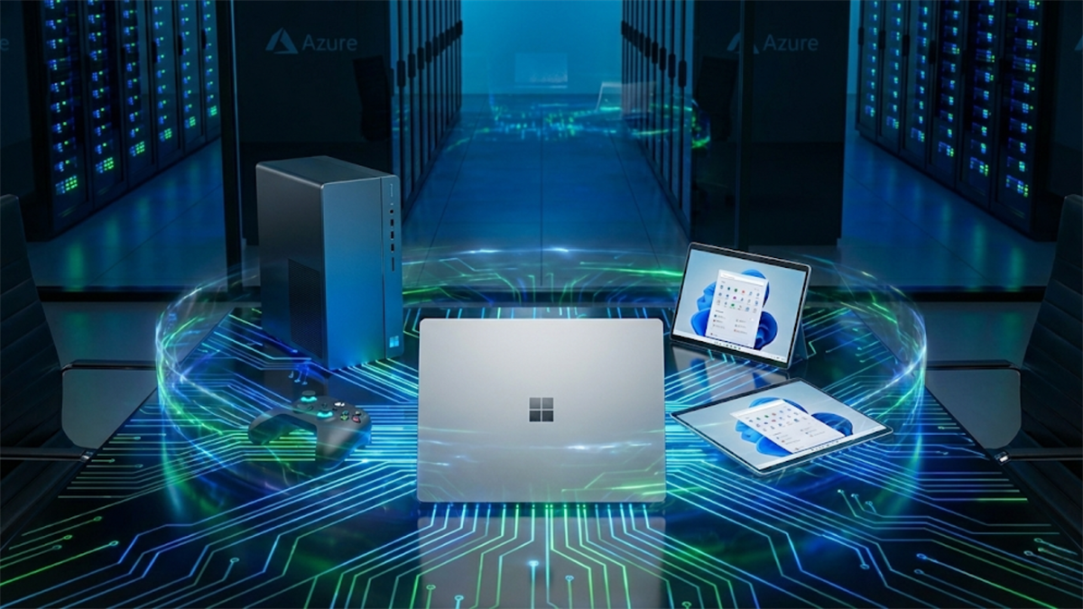 Microsoft Azure devices and cloud systems integrate across laptops, tablets, & consoles, highlighting computing growth.