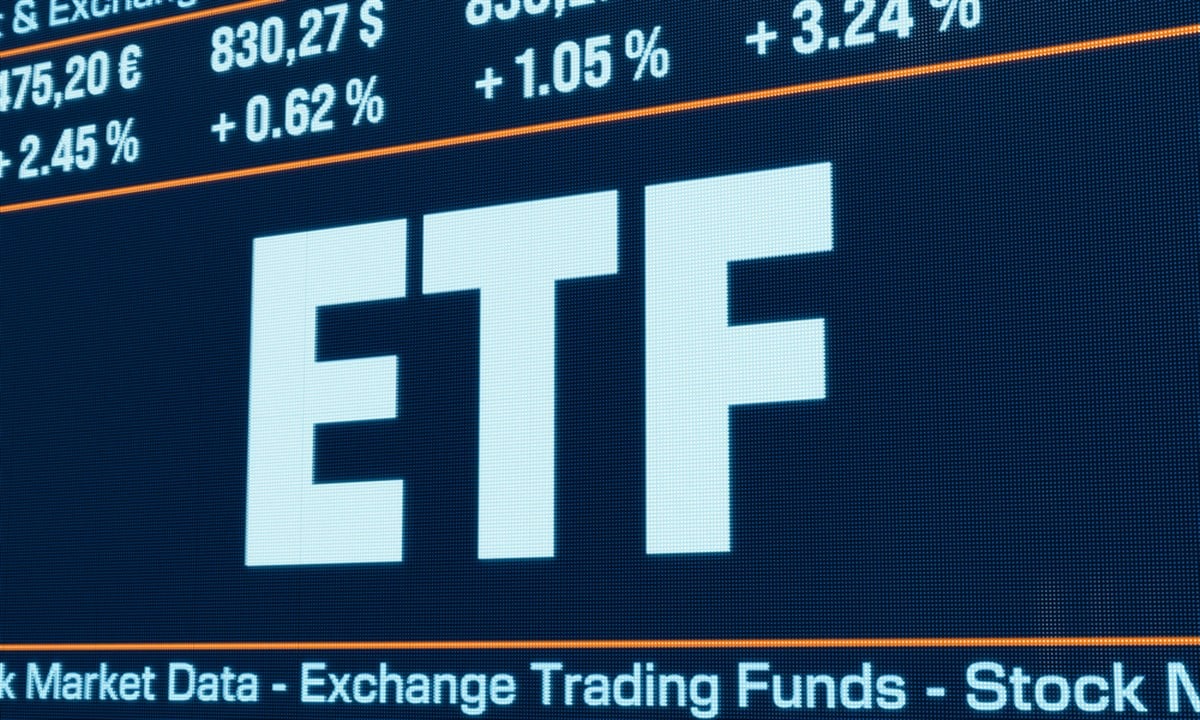ETF symbol on the blue display. Eexchange-traded fund, trust fund. Financial market, index, sector, or commodity ETF, global investment. 3D illustration