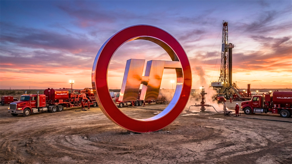 Halliburton logo at oil drilling site at sunset, highlighting HAL oilfield services and energy sector demand.
