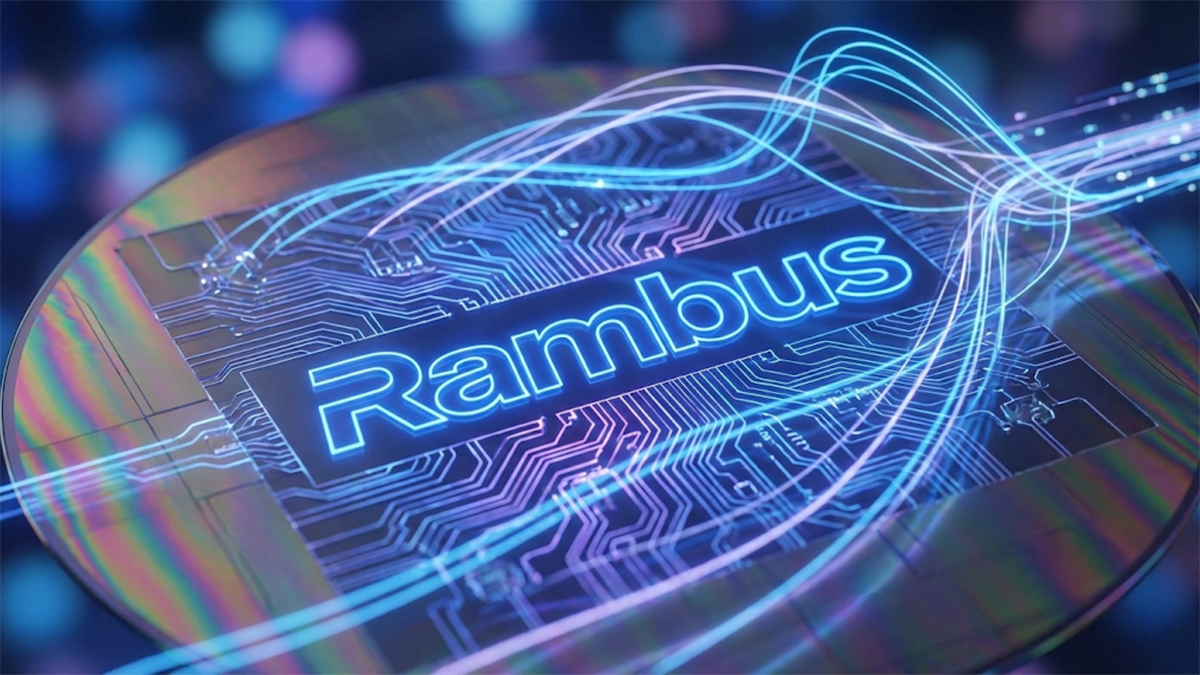 Rambus logo on semiconductor wafer with data streams, highlighting memory IP and chip market demand.