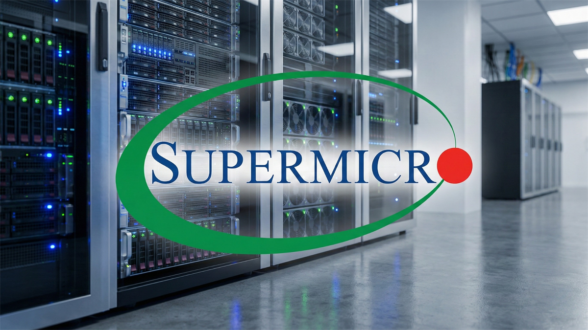 Supermicro logo over glowing AI server racks in a modern data center, highlighting SMCI outlook