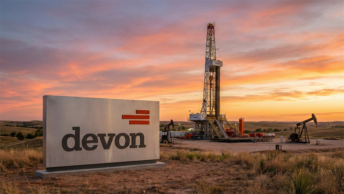 Devon Energy logo sign in the foreground with an oil drilling rig and pumpjacks at sunset in the background.