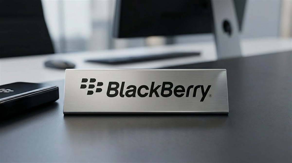 A metal nameplate displaying the BlackBerry logo and wordmark sits on a dark office desk.