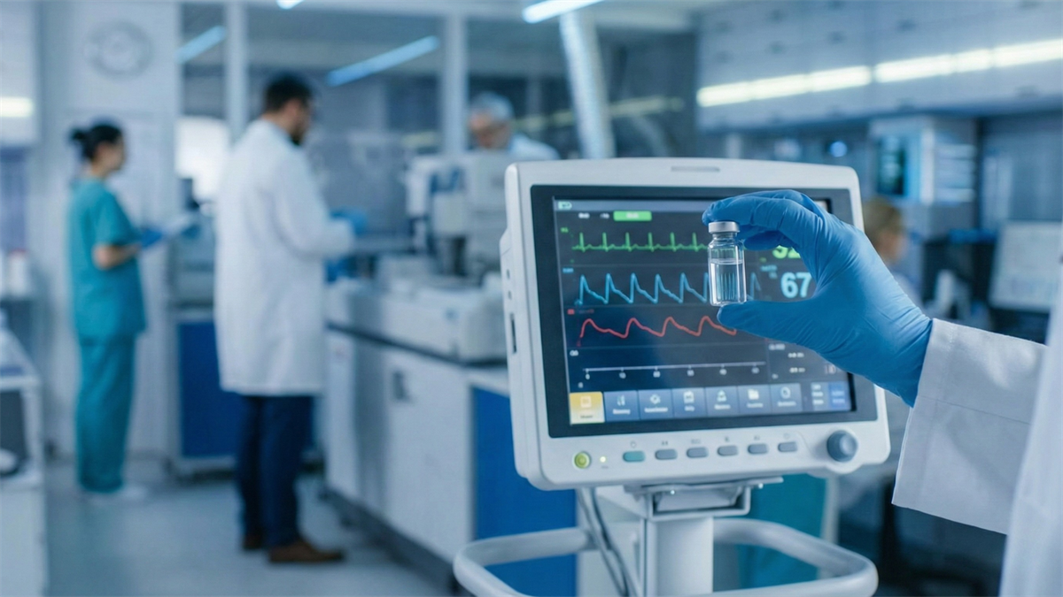 Gloved researcher holds a small drug vial before a medical monitor, suggesting MoonLake biotech progress and FDA momentum.