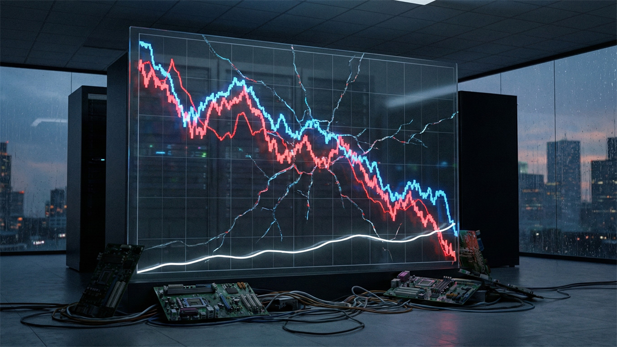A cracked stock chart showing plunging lines above scattered circuit boards, symbolizing a tech-market breakdown.