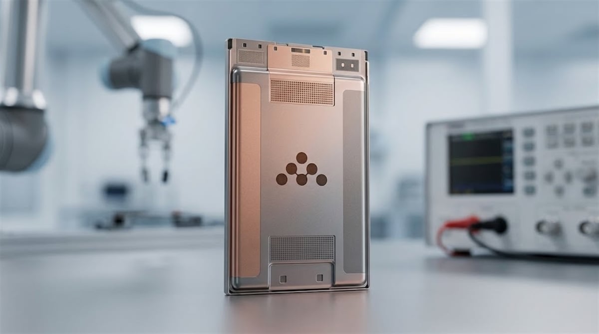 A rectangular solid-state battery cell displayed upright in a laboratory setting with testing equipment.