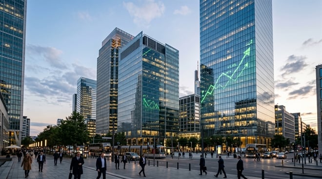 Glass office towers in a financial district display an overlaid green stock chart trending upward, with pedestrians below.