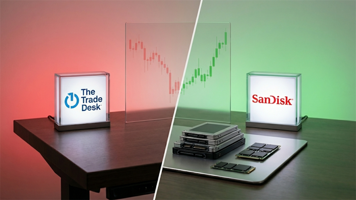 Split-screen graphic contrasts The Trade Desk stock decline with SanDisk chip gains, highlighting divergent performance.