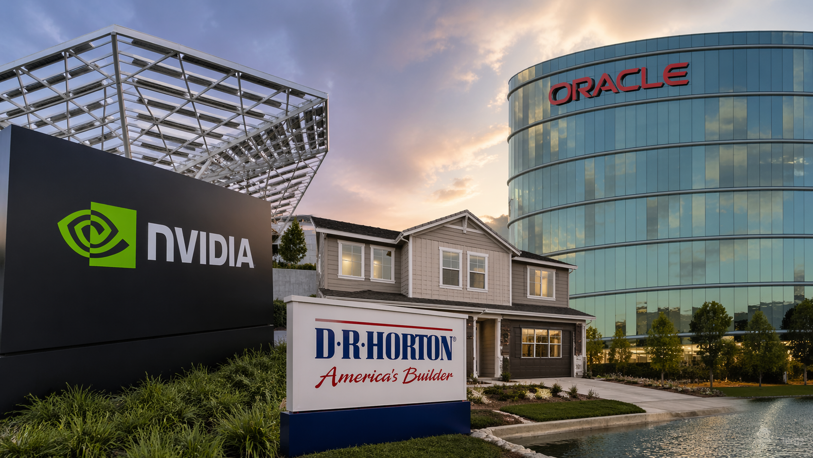 NVIDIA, D.R. Horton, and Oracle corporate signage on buildings.