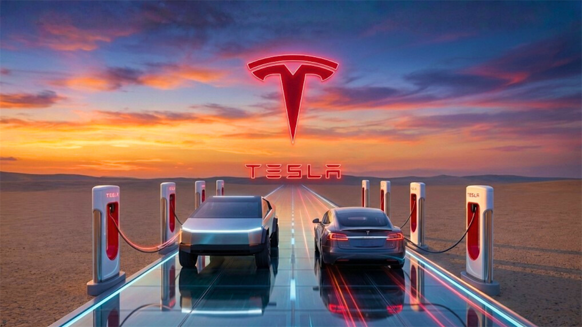 Tesla logo towers over vehicles charging at a Supercharger station, highlighting EV demand.