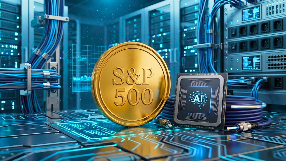 S&P 500 coin beside AI chip in data center with network cables.