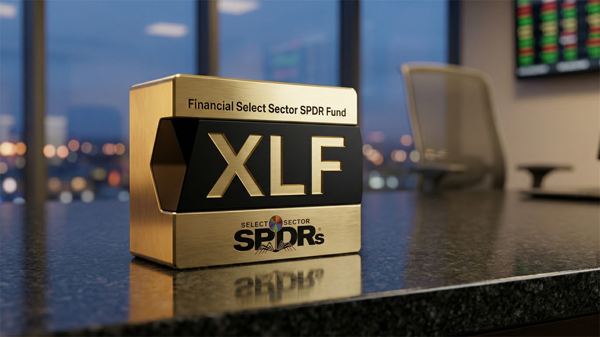 Gold XLF SPDR financial sector ETF display on desk with market screen backdrop, highlighting underperformance and buy-the-dip opportunity in banks and financial stocks.
